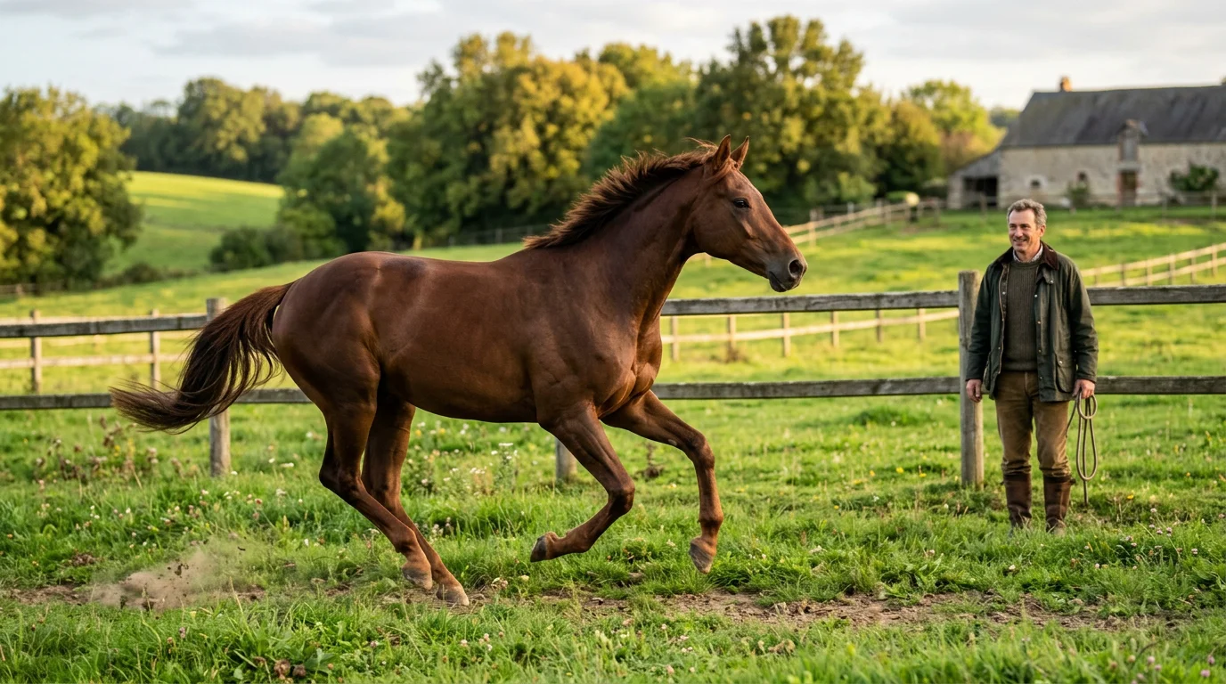 Jeune cheval galopant dans une prairie sous le regard d'un éleveur
