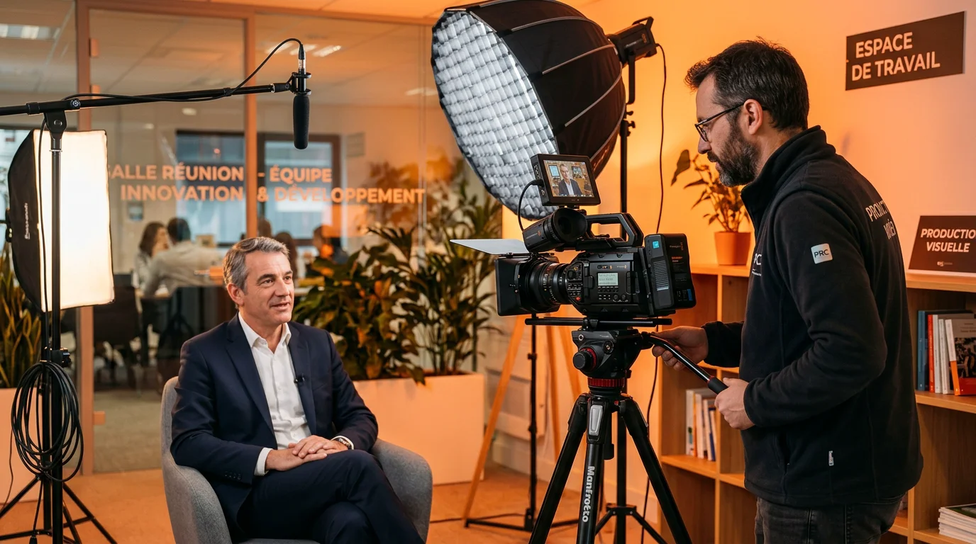 Vidéaste filmant une interview de dirigeant lors d'un tournage corporate