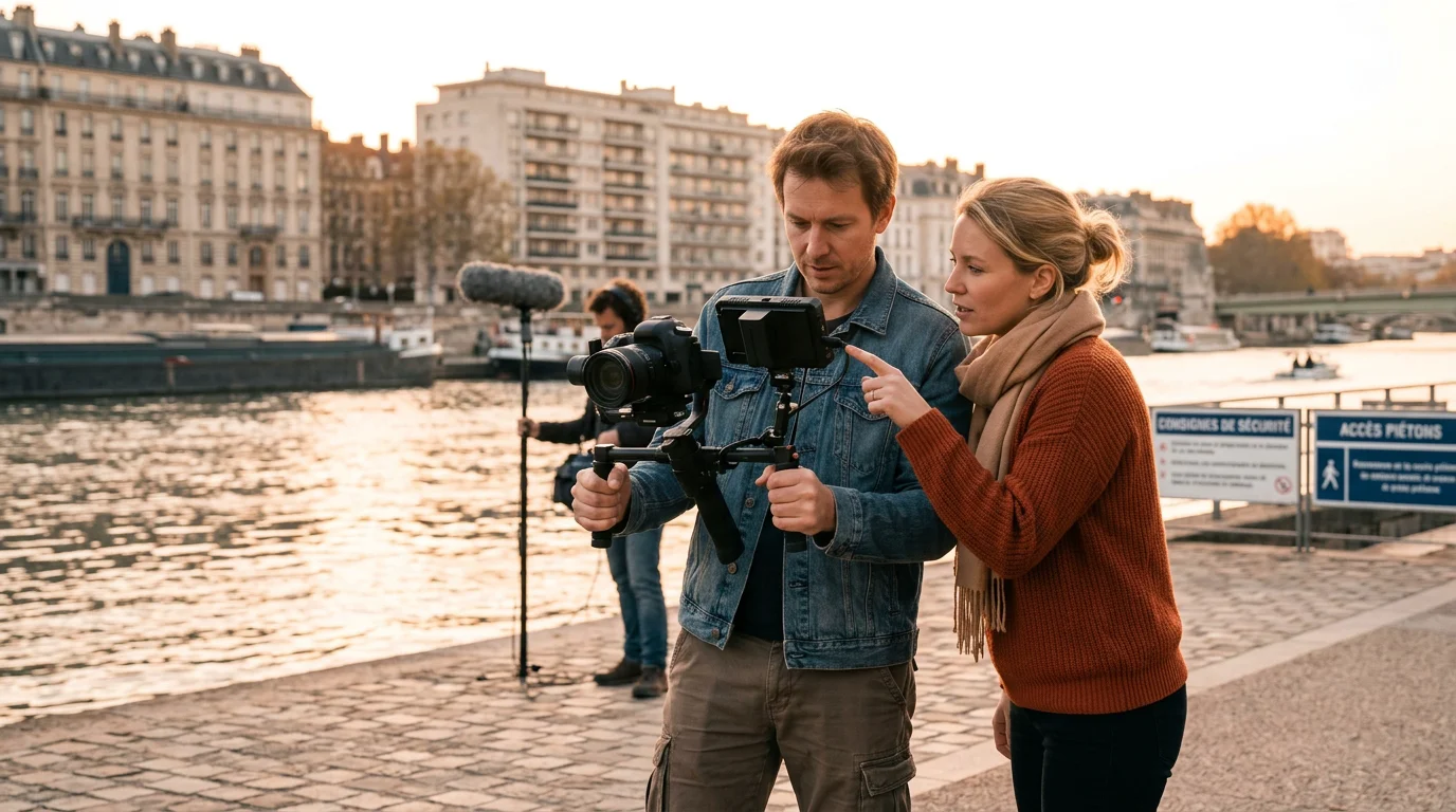 Vidéaste et responsable communication collaborant sur un tournage en extérieur