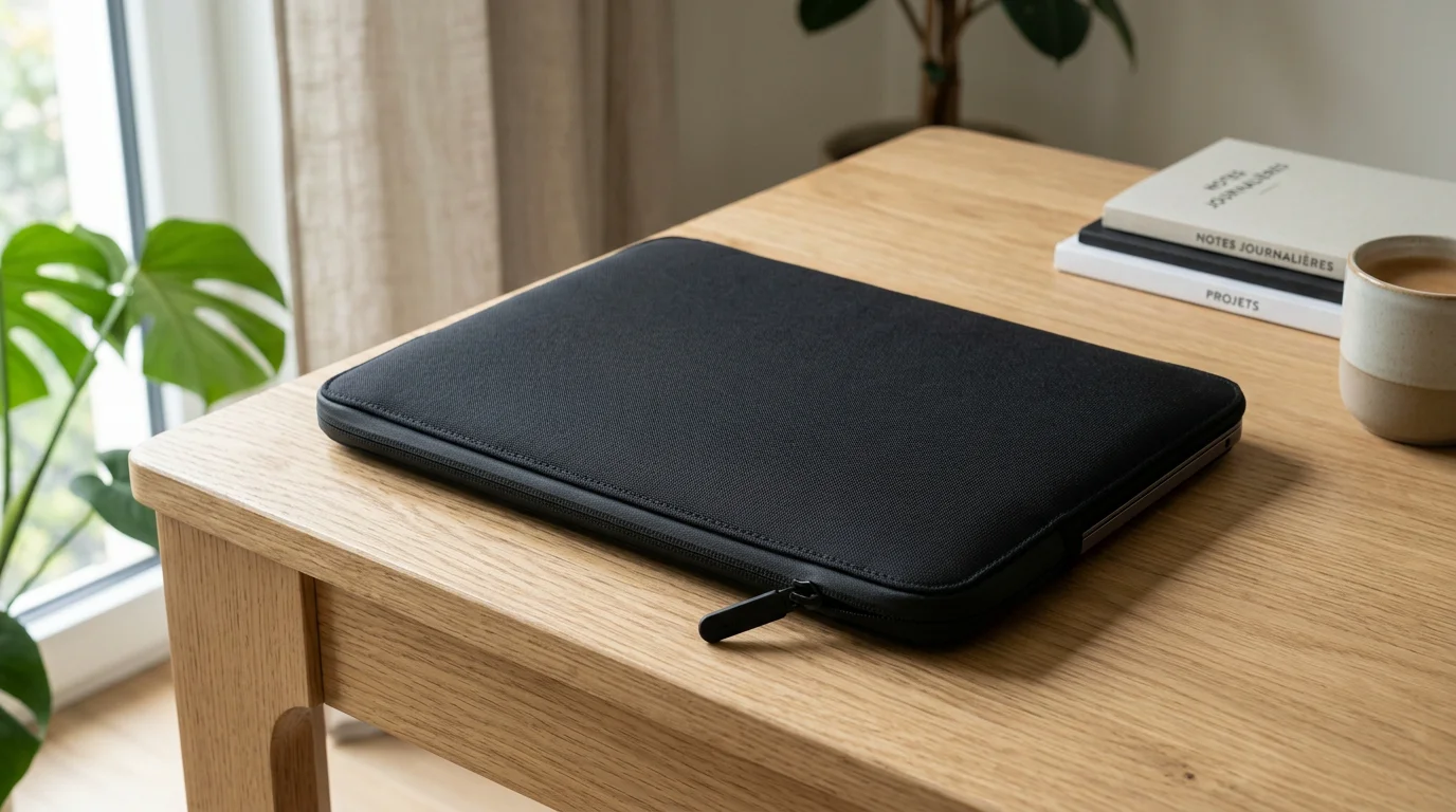 Housse softshell noire pour ordinateur portable posée sur un bureau