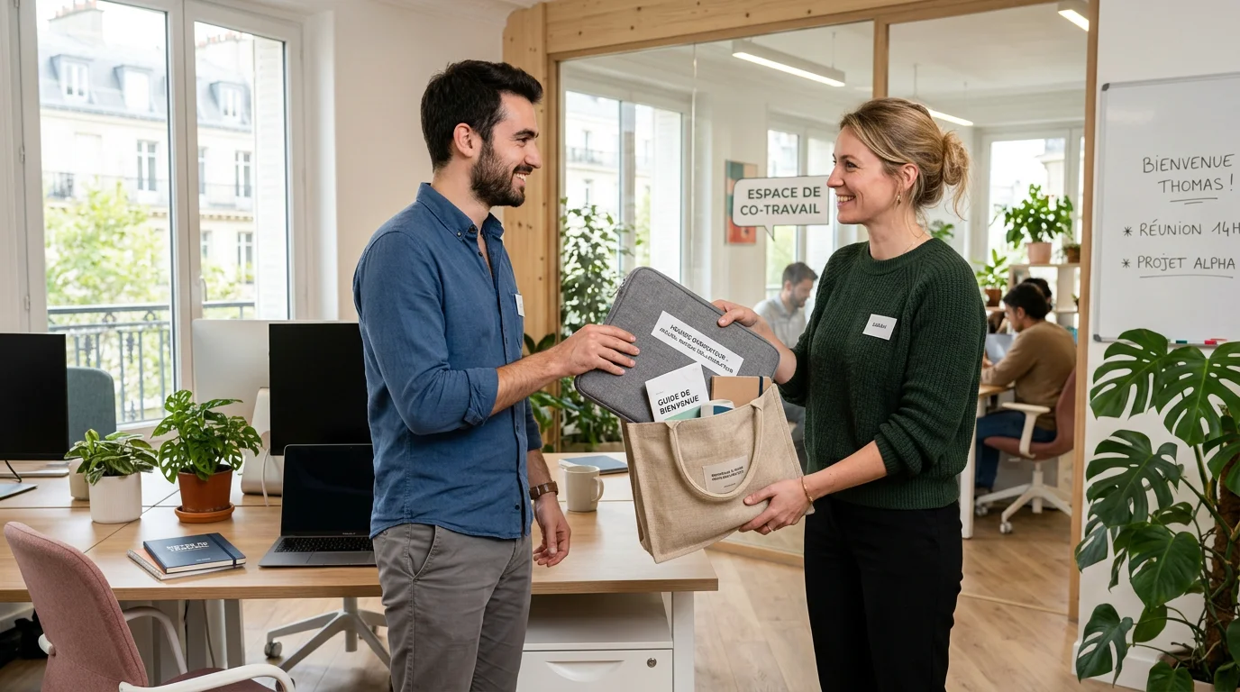 Remise d'un welcome pack avec housse d'ordinateur en entreprise