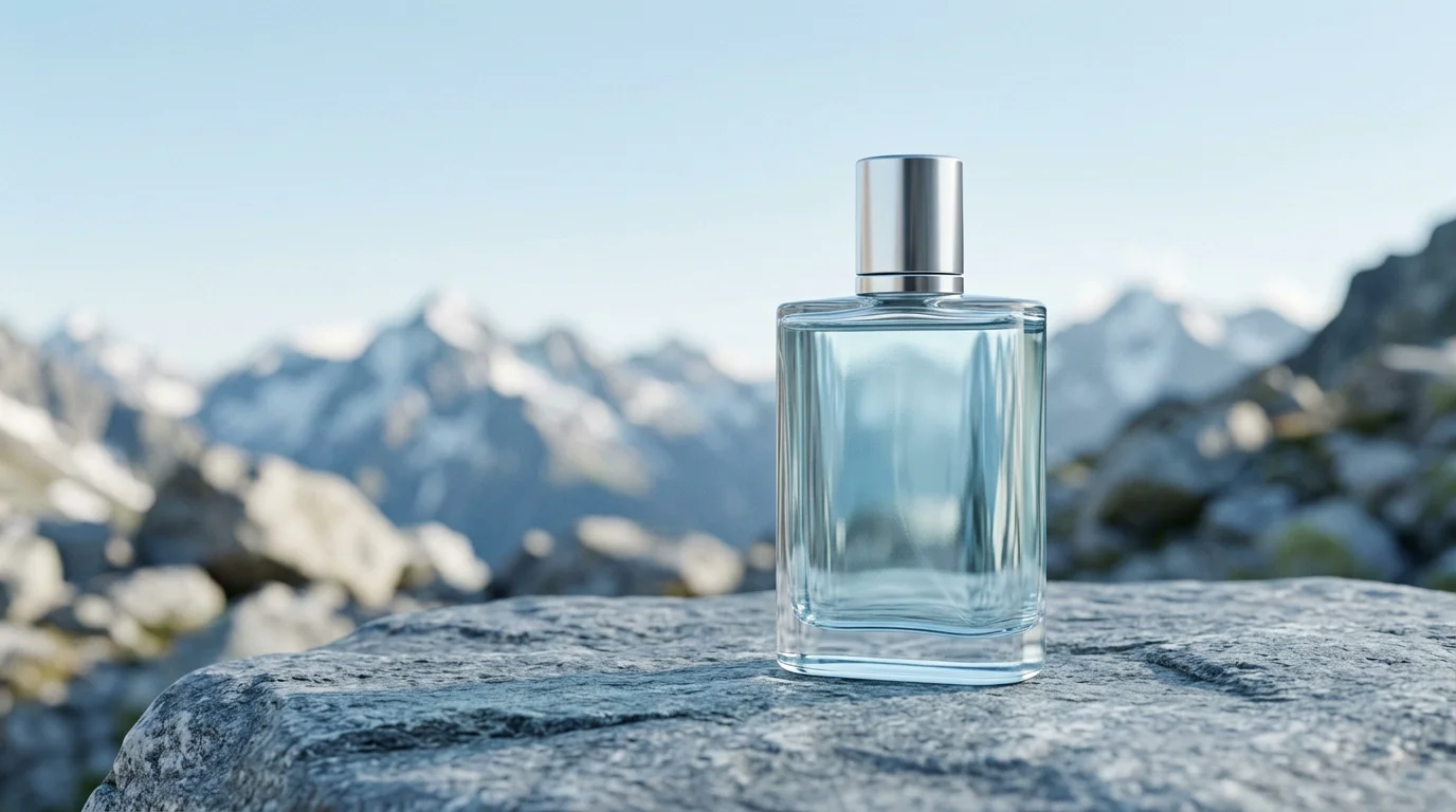 Flacon de parfum unisexe sur pierre claire aux tons argentés