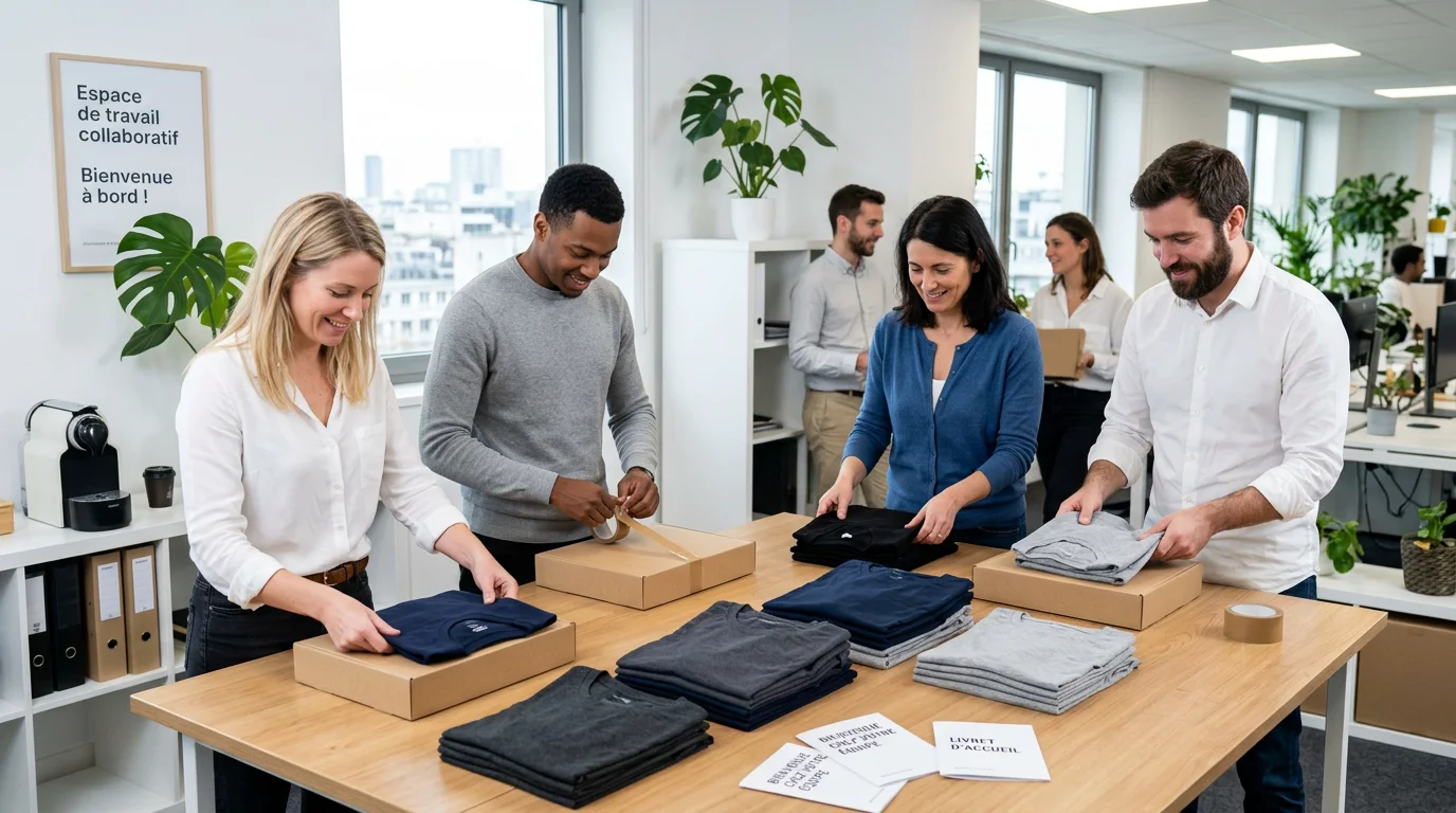 Collaborateurs préparant des welcome packs avec des t-shirts de sport