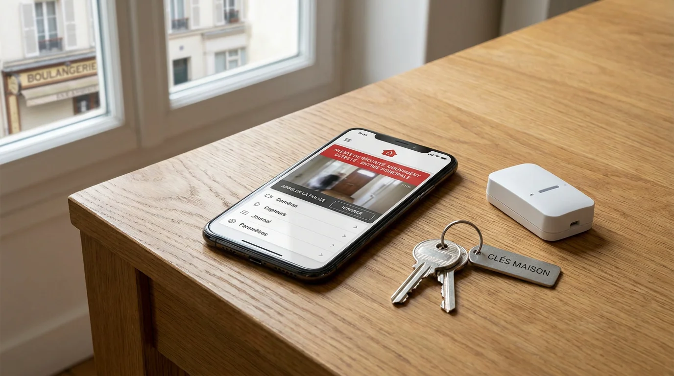 Smartphone affichant une application d'alarme connectée avec notifications de sécurité