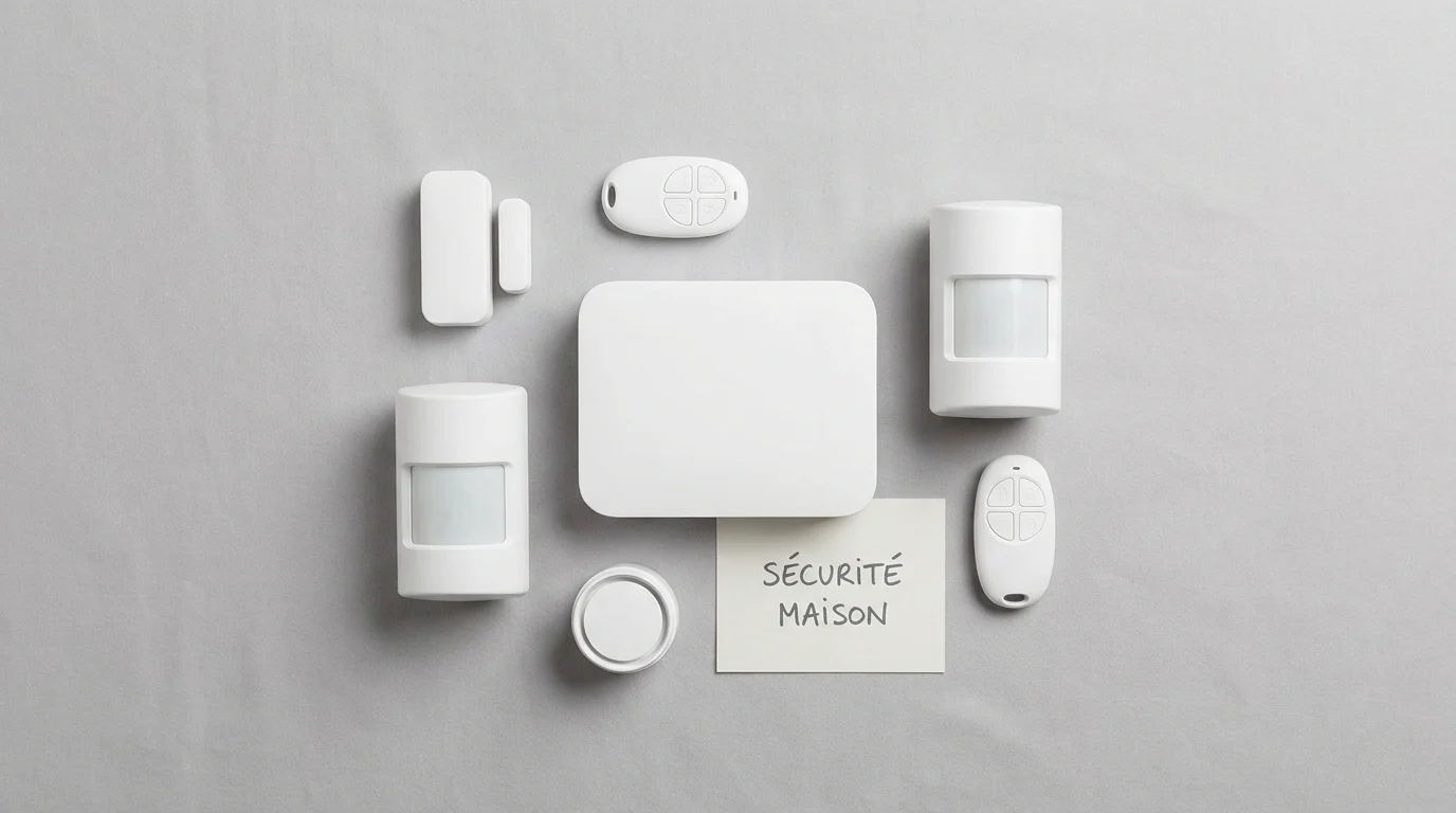 Composants d'un kit alarme connectée disposés sur une surface claire
