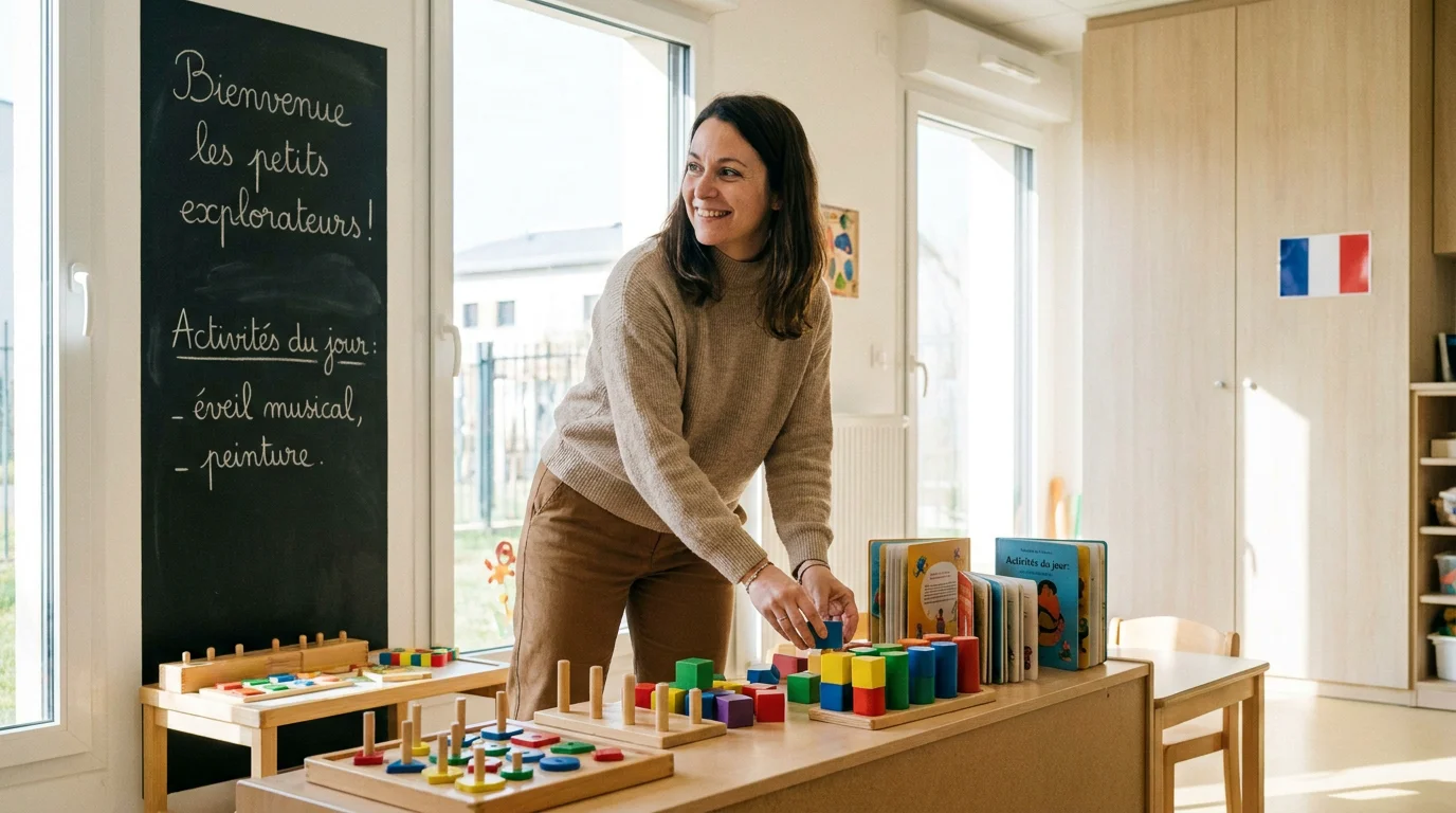 Professionnelle de la petite enfance préparant une salle d'accueil en crèche en France