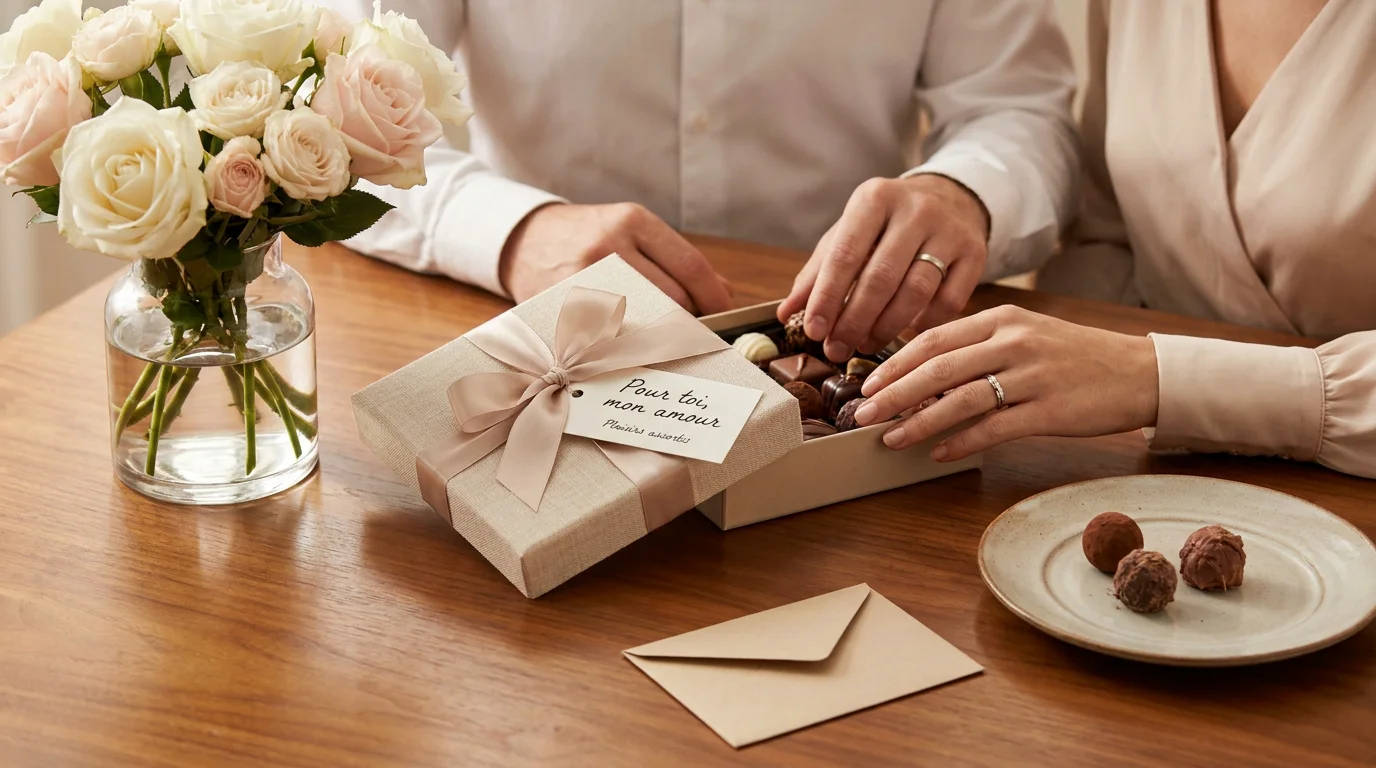 Boîte de chocolats et roses posées sur une table élégante pour la Saint-Valentin