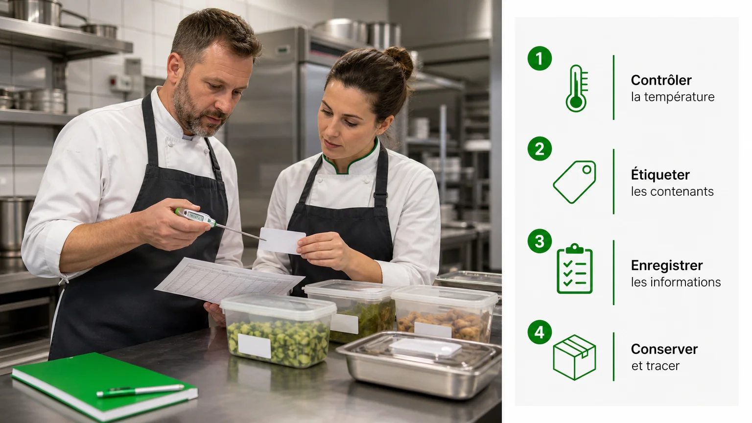 Professionnels contrôlant la traçabilité et la température des aliments en cuisine