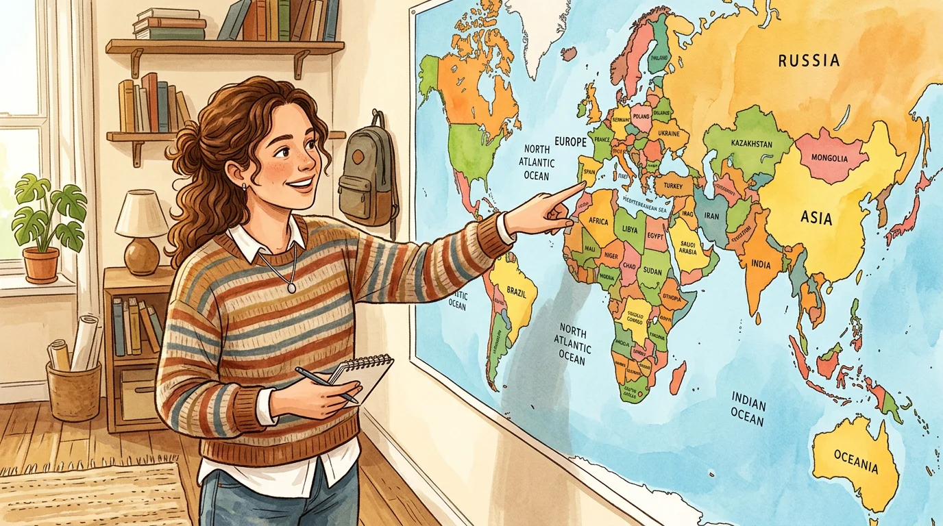Person studying a world map to identify a country