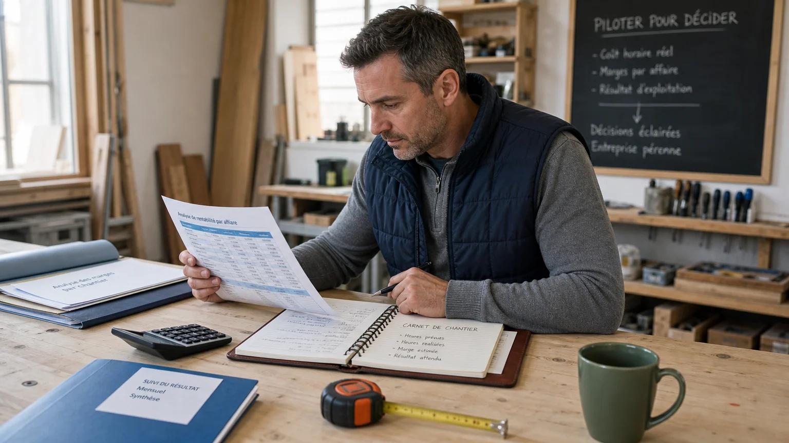 Dirigeant artisanal analysant le coût horaire et la rentabilité d’une affaire