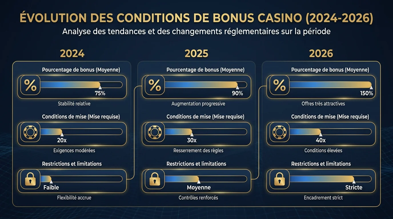Infographie sur l'évolution des conditions de bonus sans dépôt entre 2024 et 2026