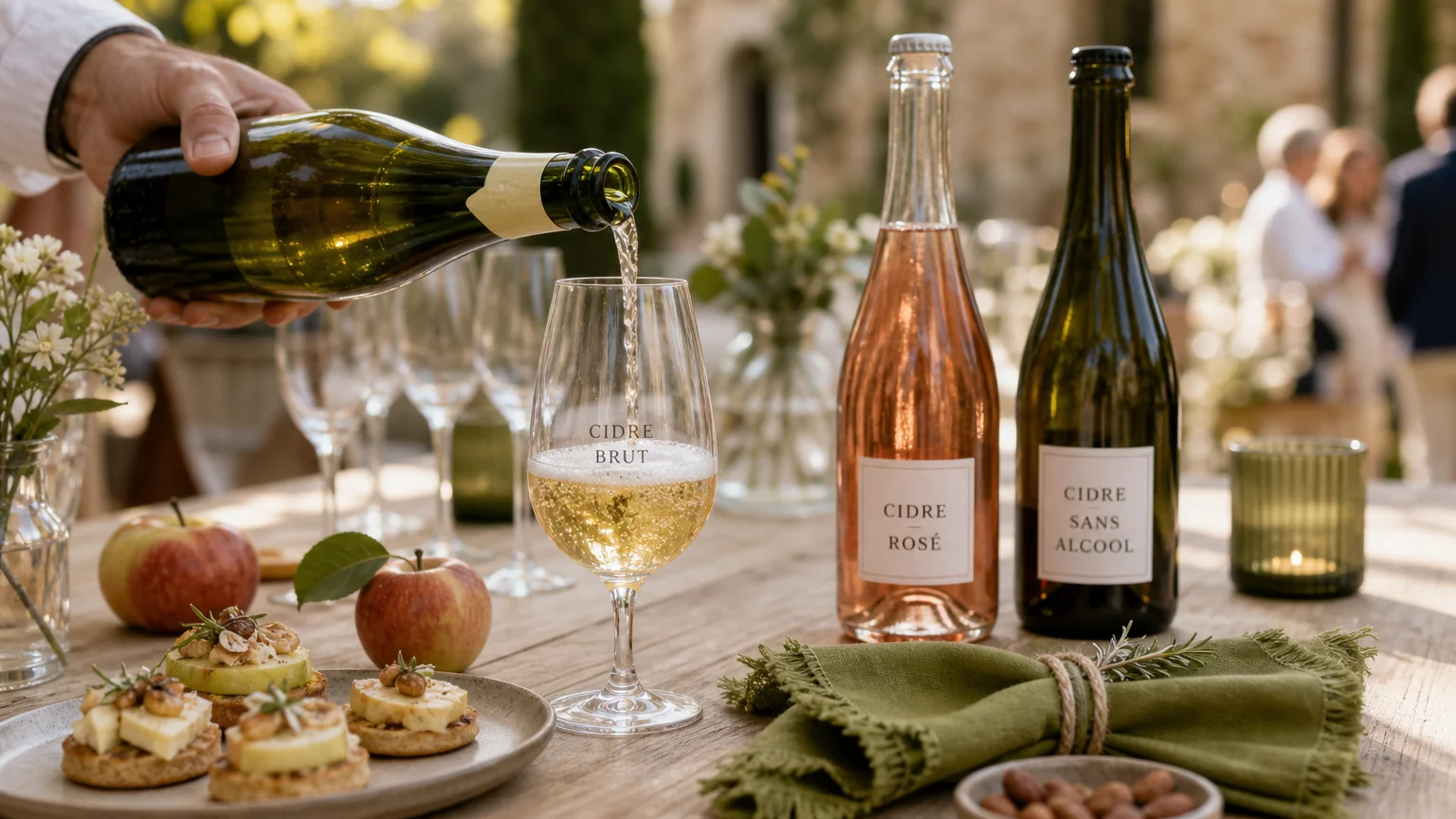 Service de cidre brut et rosé pendant un mariage en extérieur
