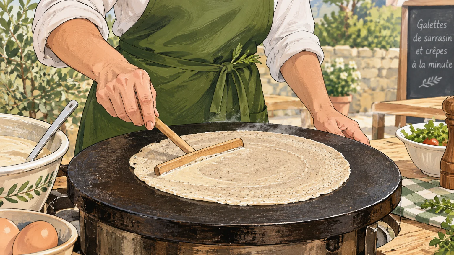 Préparation d’une galette sur une bilig pendant une réception de mariage