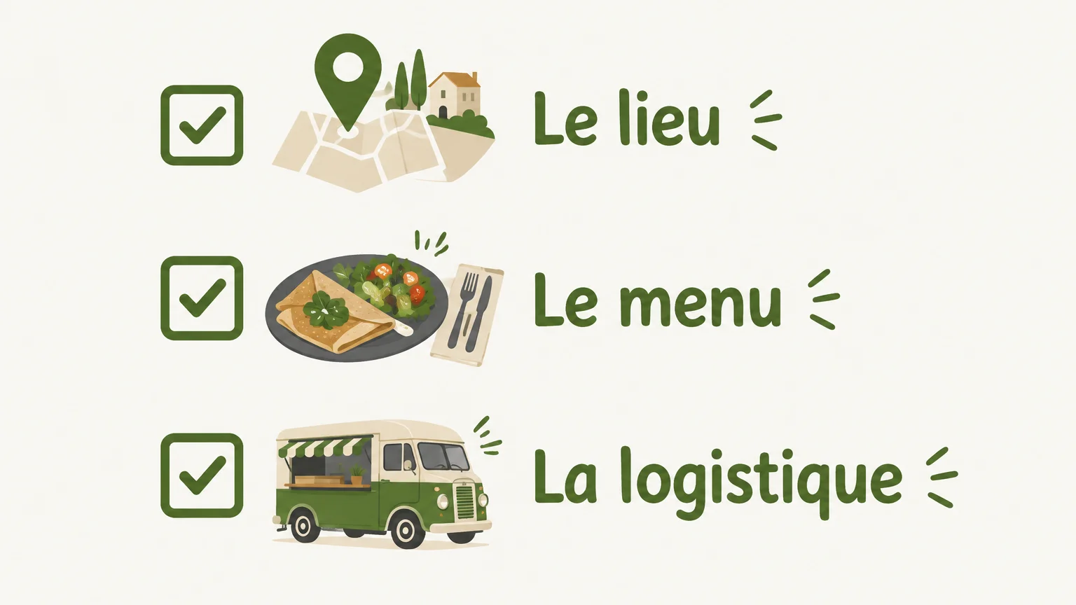 Liste de vérification du lieu, du menu et de la logistique pour un traiteur de mariage