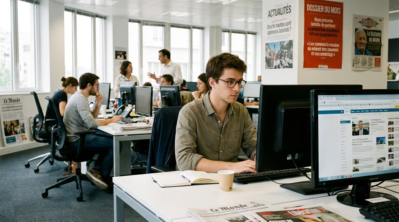 Stagiaire en journalisme travaillant dans une salle de rédaction en France