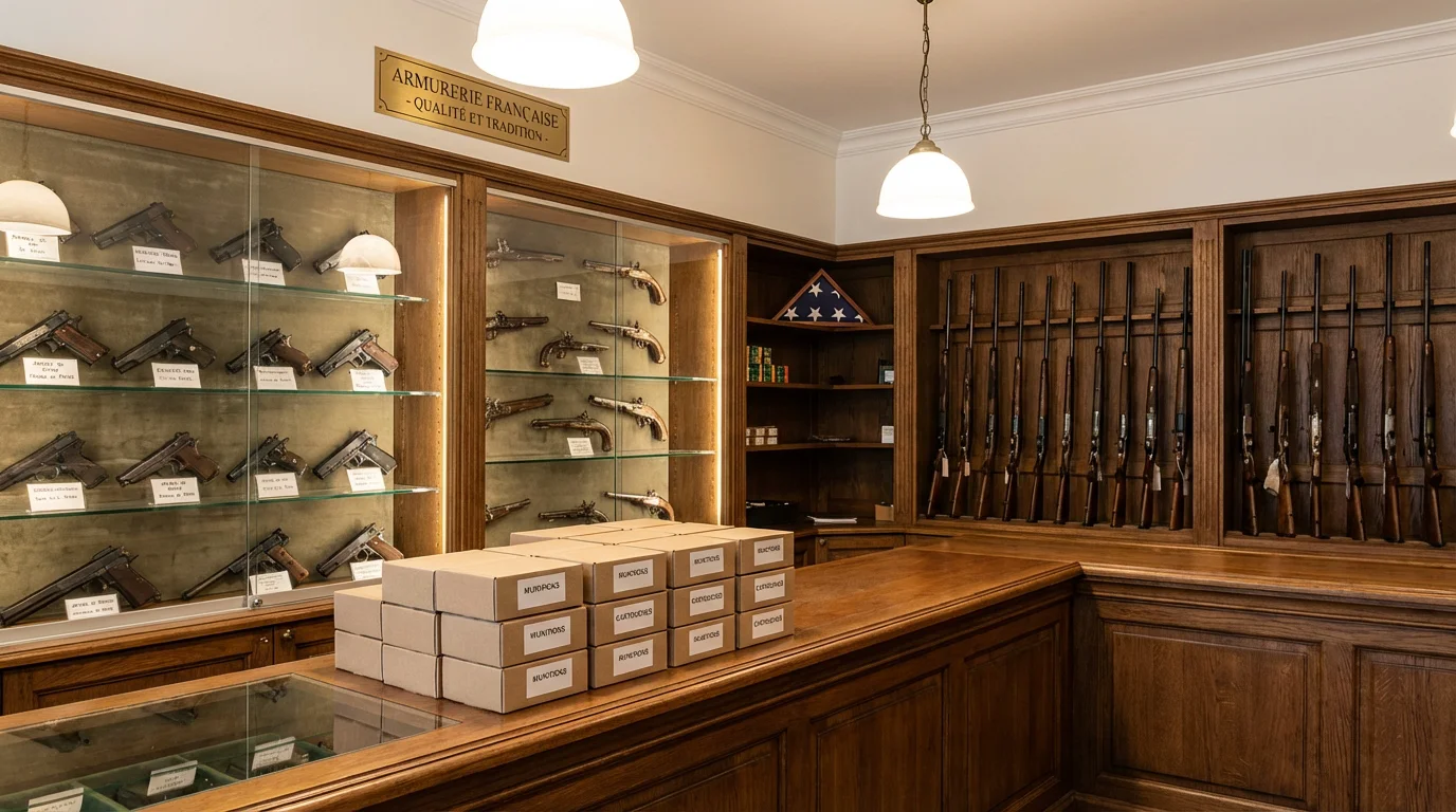 Intérieur d'une armurerie parisienne avec vitrines d'armes de poing et râteliers de carabines