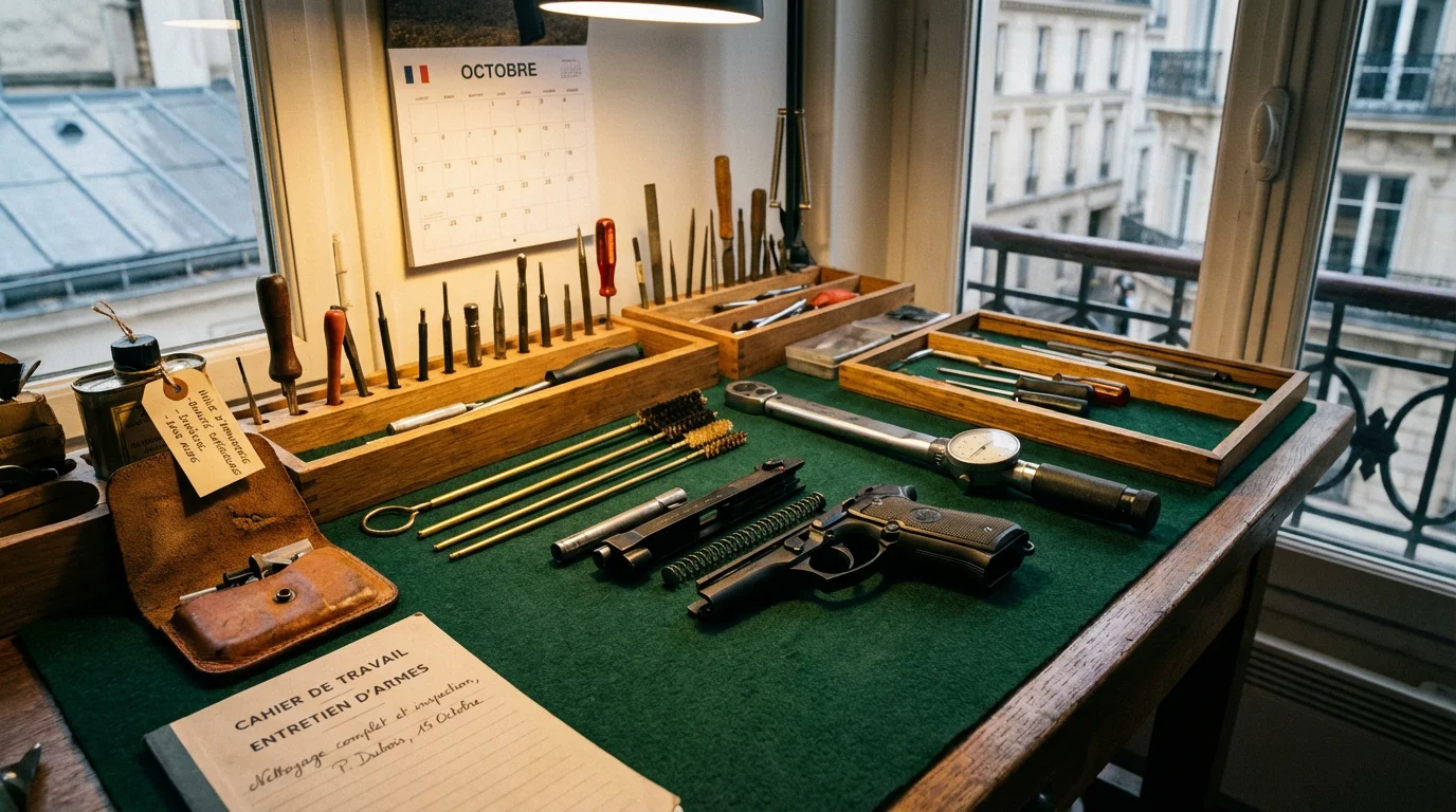 Établi d'atelier d'armurerie avec outils de précision et arme de poing en cours de maintenance