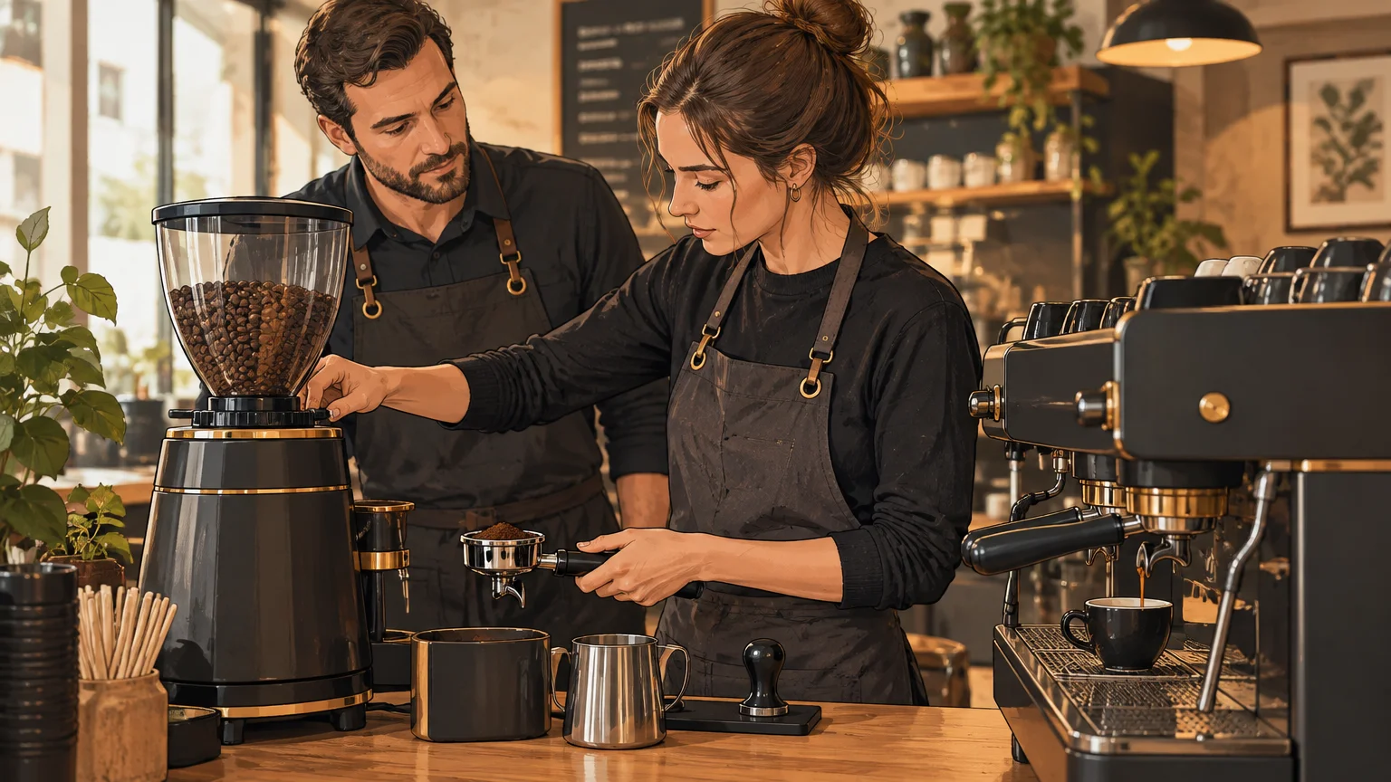Une élève pratique le réglage du moulin espresso sous le regard d’un formateur.