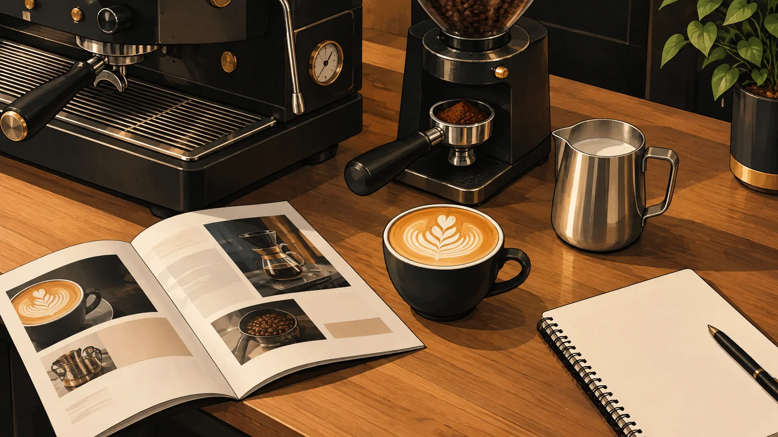 Matériel de barista et brochure ouverts sur un comptoir pour comparer une formation.