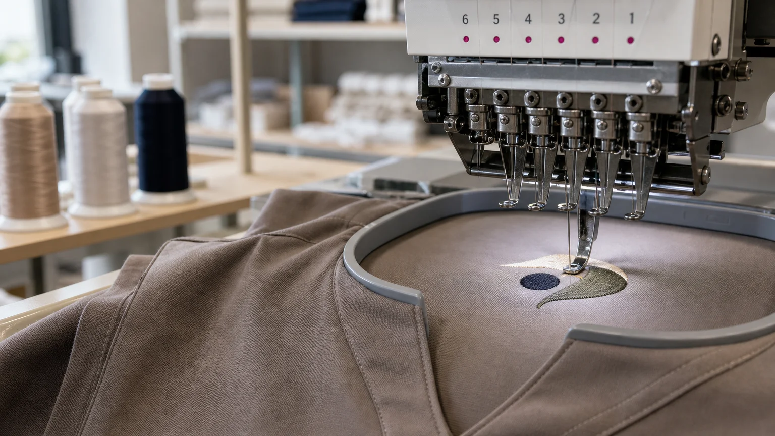 Broderie d’un motif discret sur une tunique professionnelle