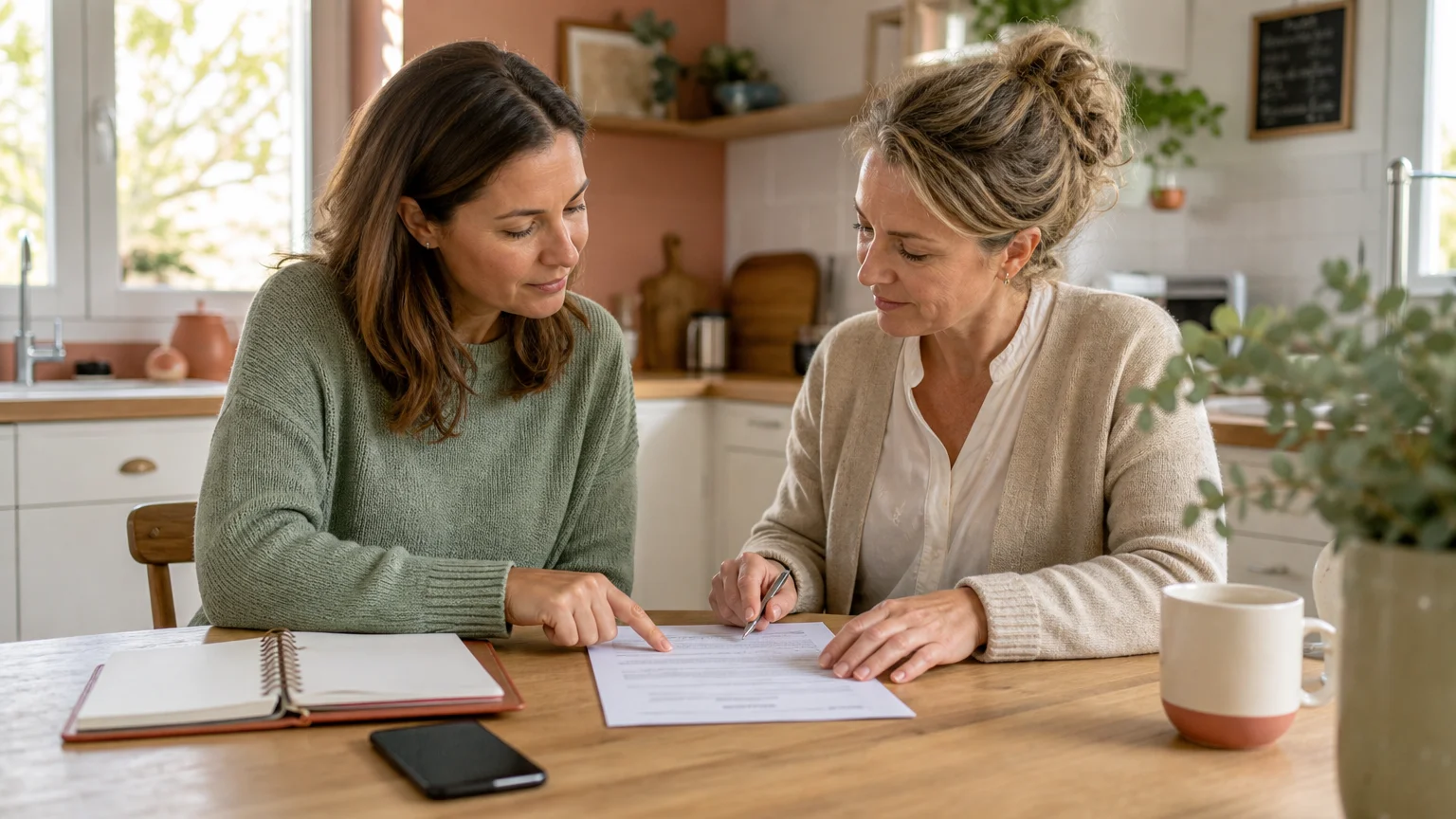 Parent et professionnelle relisant un contrat d’emploi à domicile