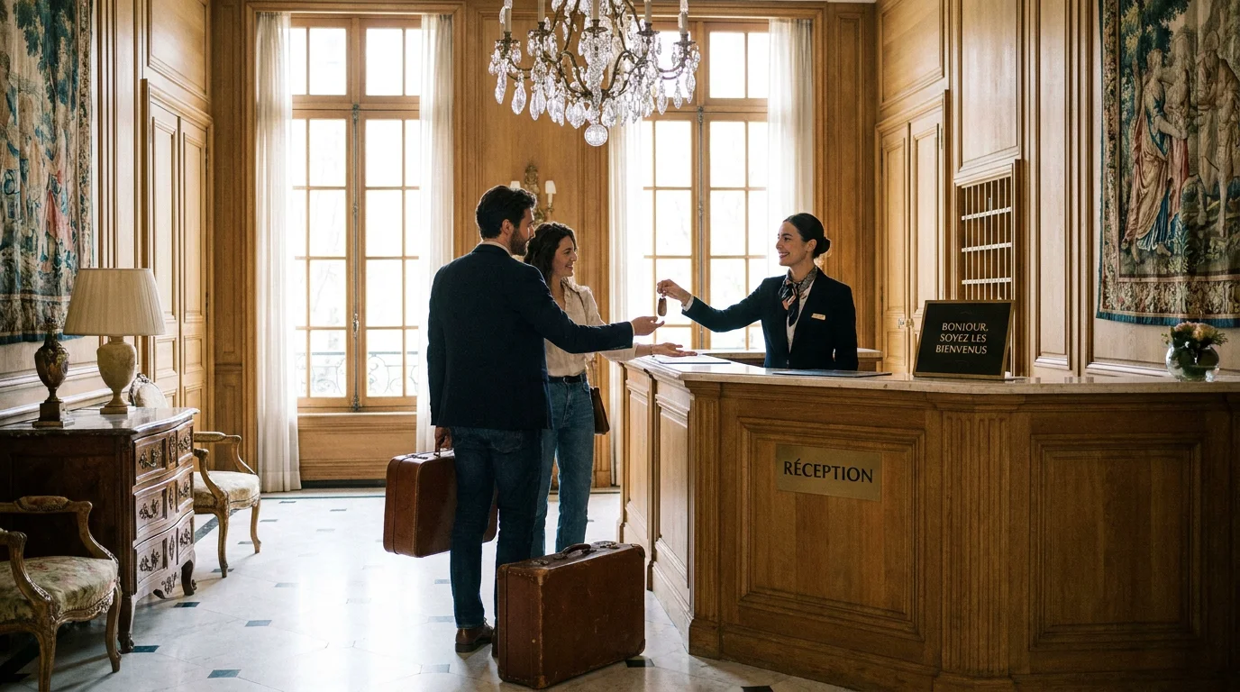 Réceptionniste accueillant des voyageurs dans un hôtel en France, métier du tourisme