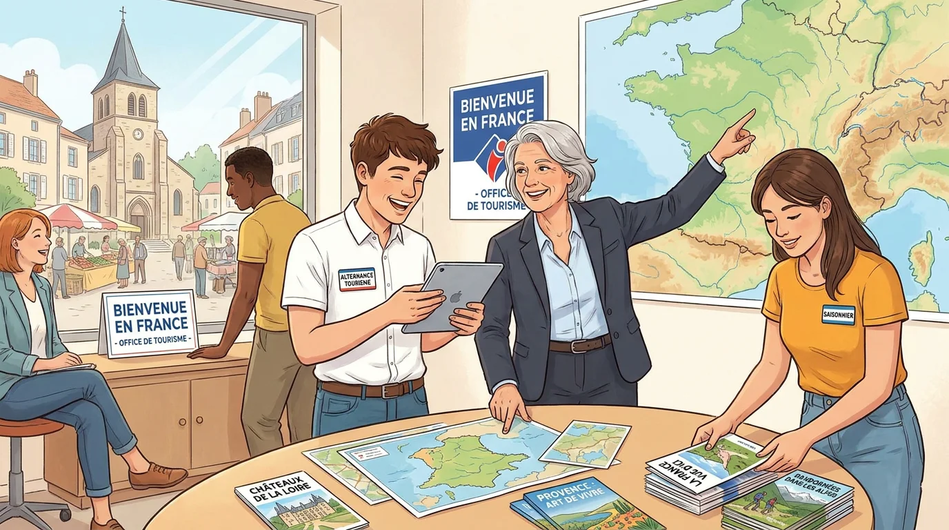 Équipe de professionnels du tourisme collaborant dans un office de tourisme en France