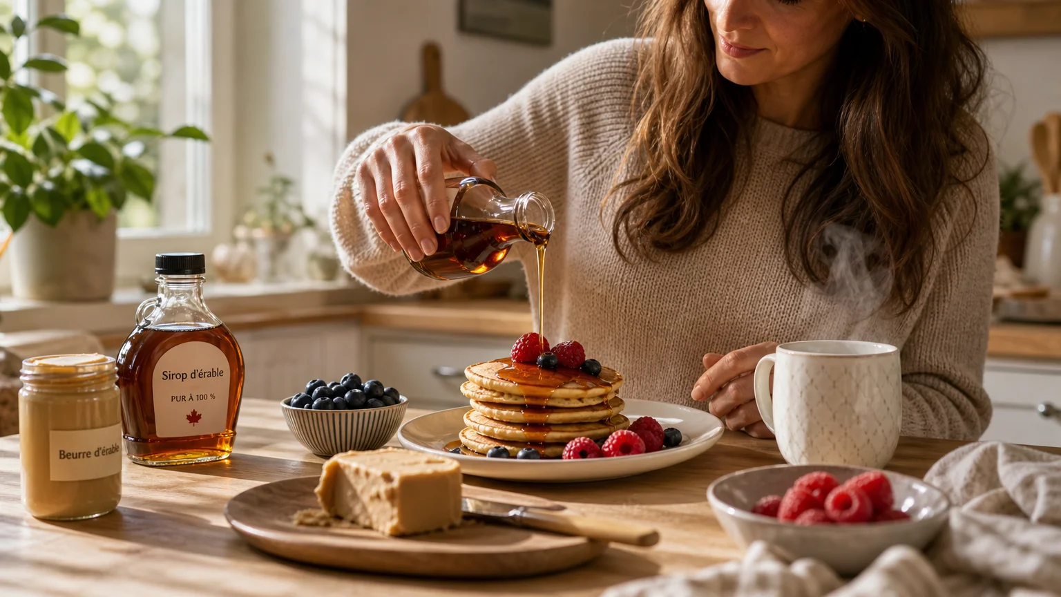 Table de petit-déjeuner avec plusieurs produits de l’érable et pancakes