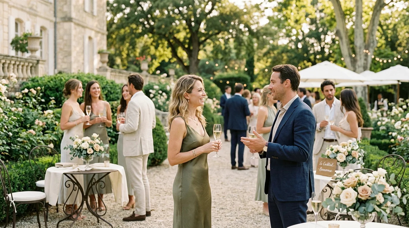 Cocktail de mariage en extérieur avec invités et ambiance musicale douce