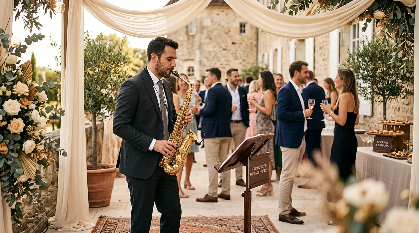 Saxophoniste en prestation live pendant un cocktail de mariage