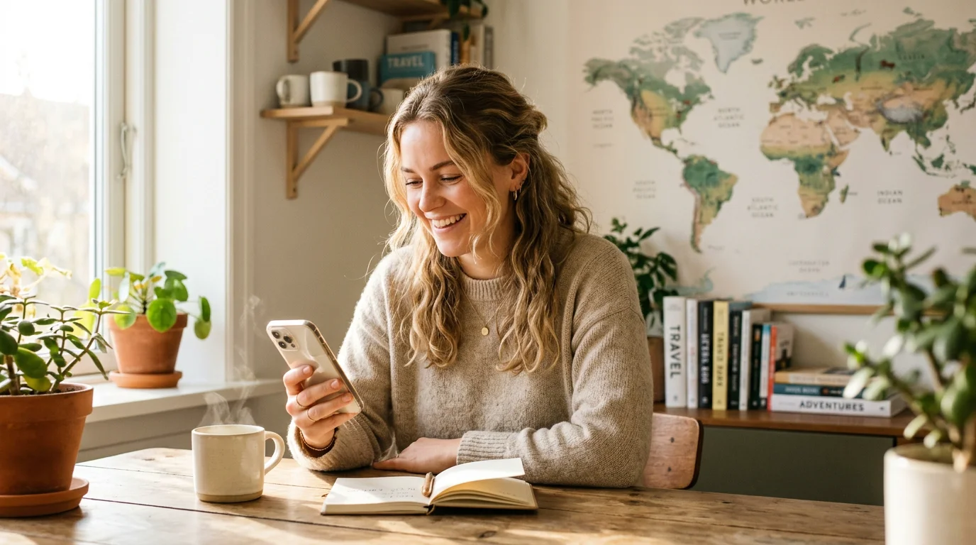 Person playing a daily flag quiz on a phone at a sunny kitchen table