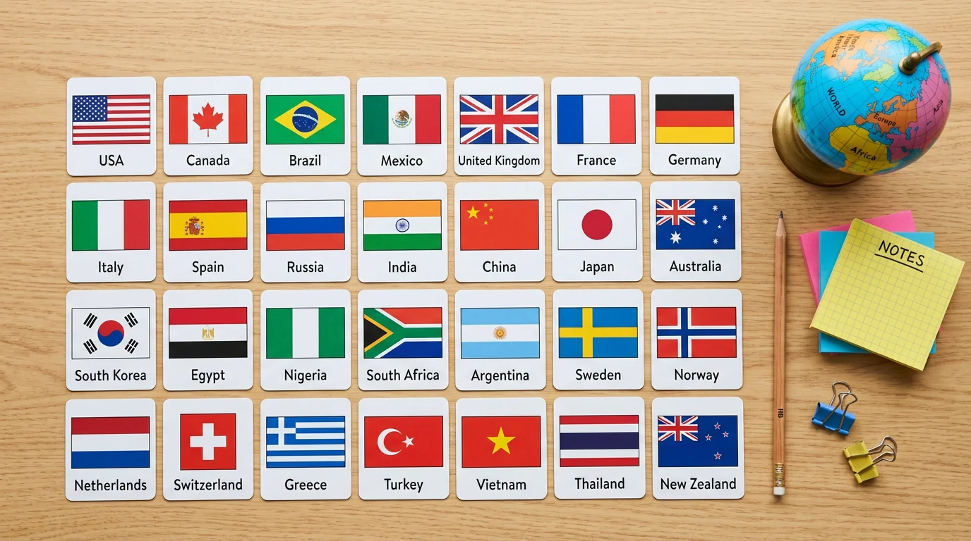 Flat lay of world flag flashcards on a desk with a small globe