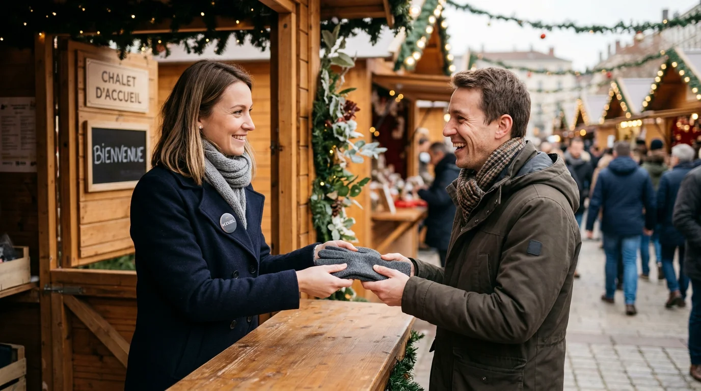Distribution de gants d'hiver personnalisés lors d'un marché de Noël en France