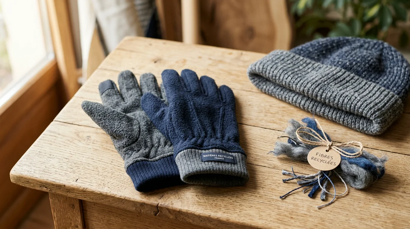 Gants d'hiver en polaire éco-responsables présentés avec des matières recyclées
