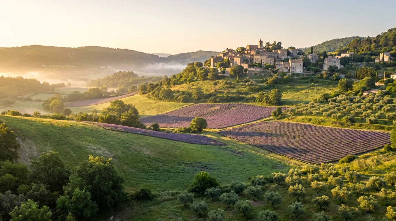 Paysage du Luberon au lever du soleil avec champs de lavande et village perché en Provence