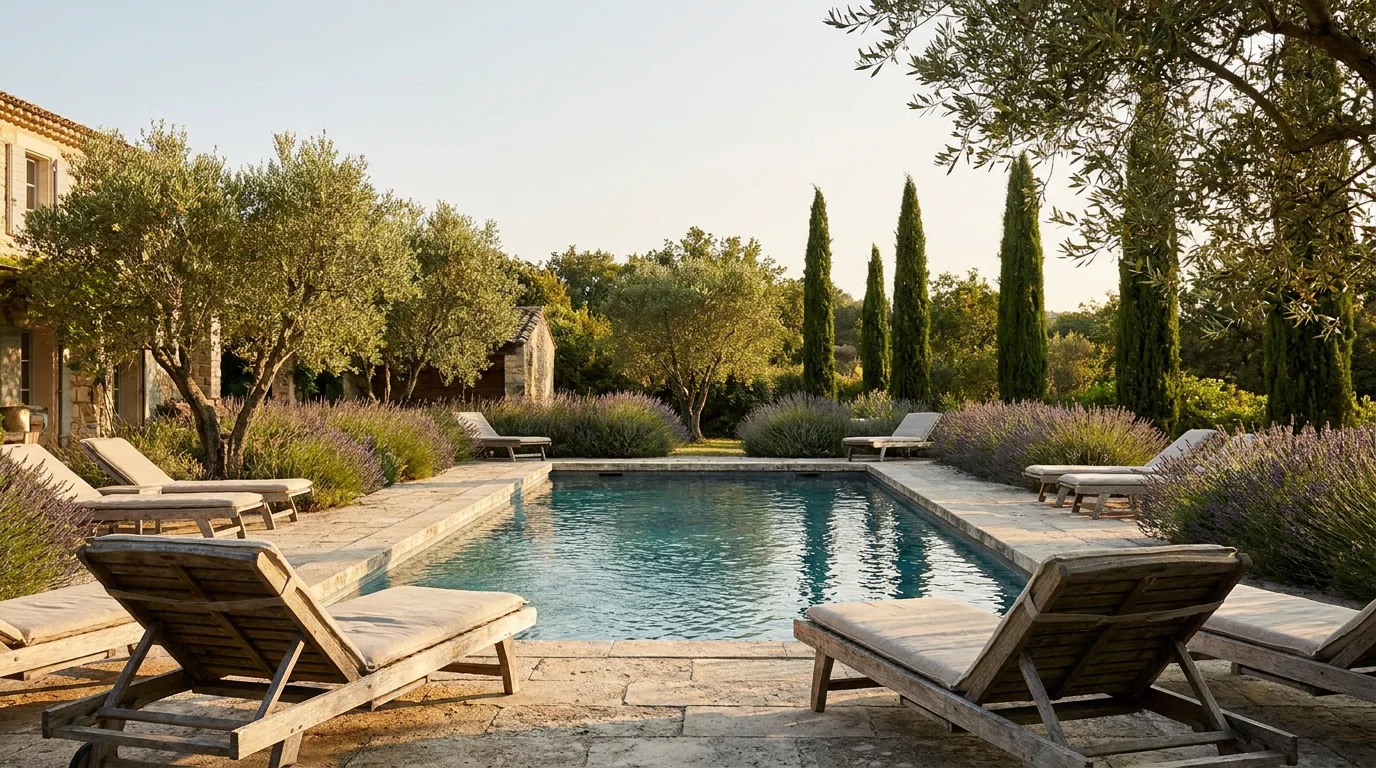 Piscine extérieure dans un cadre méditerranéen avec oliviers et lavande en Provence