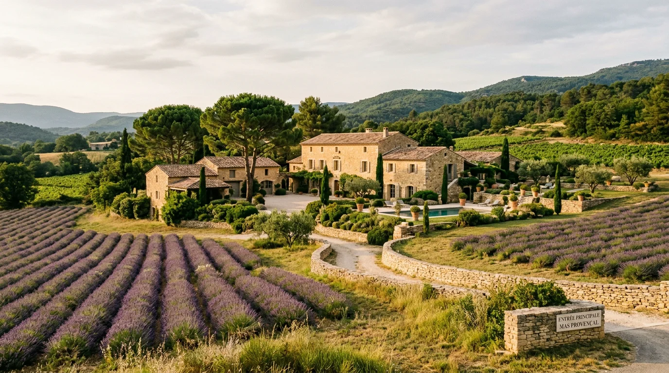 Domaine provençal en pierre entouré de lavande et de pins près d'Apt
