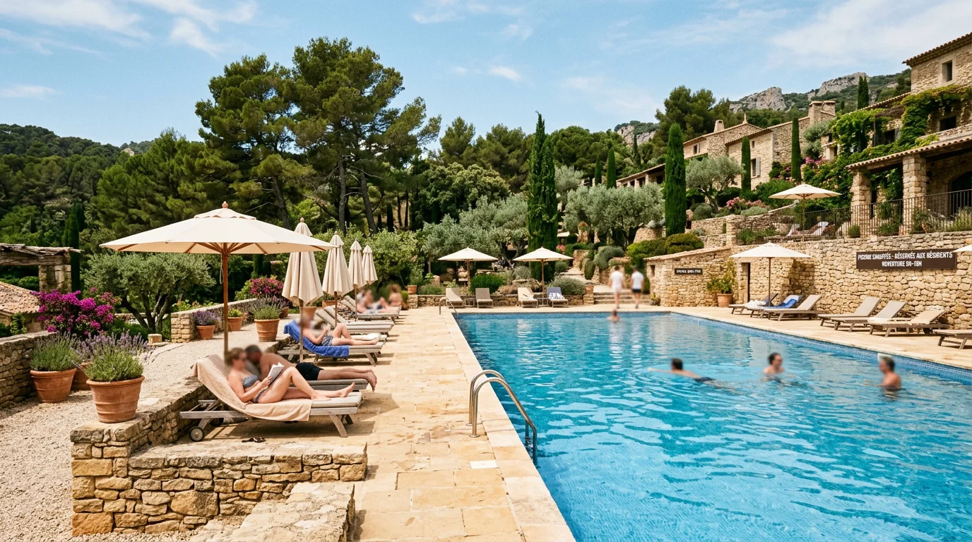 Grande piscine extérieure entourée de pins dans un domaine provençal