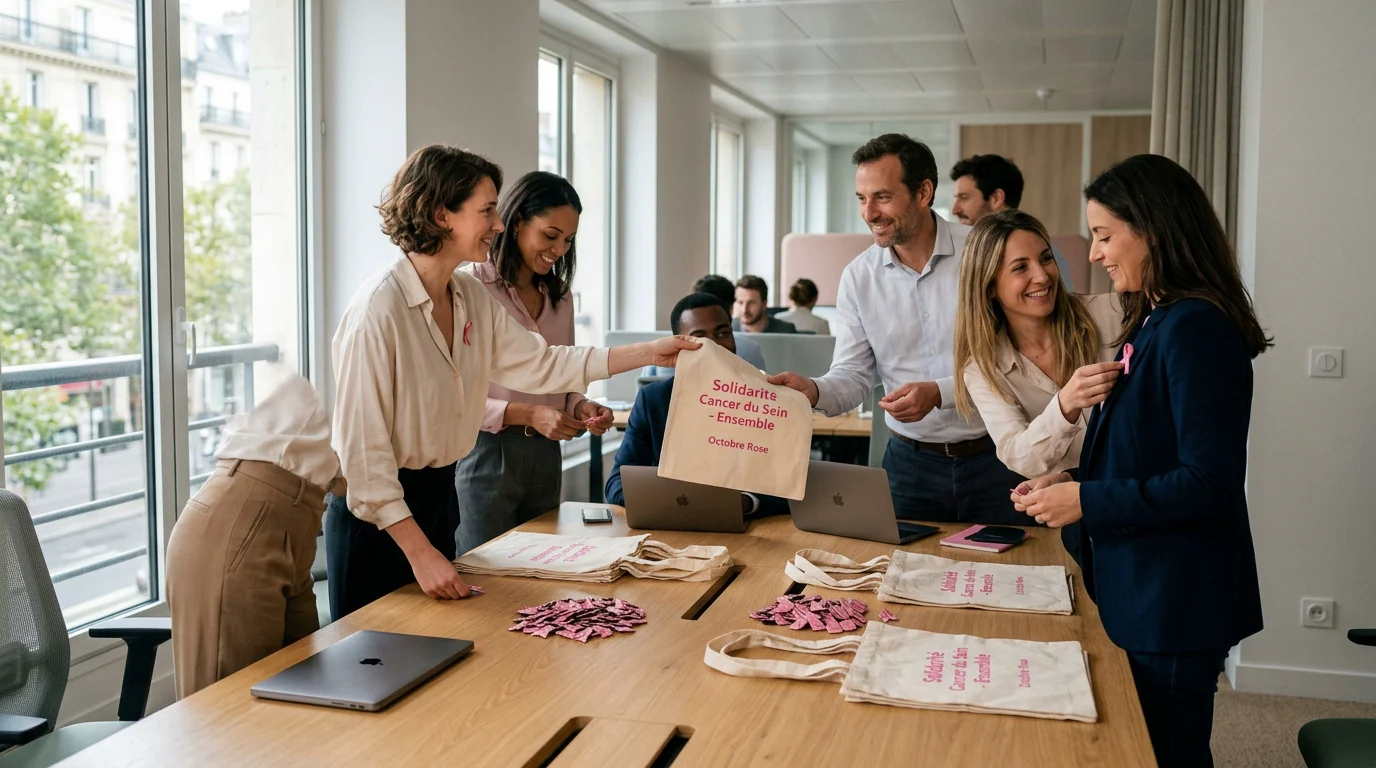 Équipe marketing distribuant des goodies Octobre Rose en entreprise