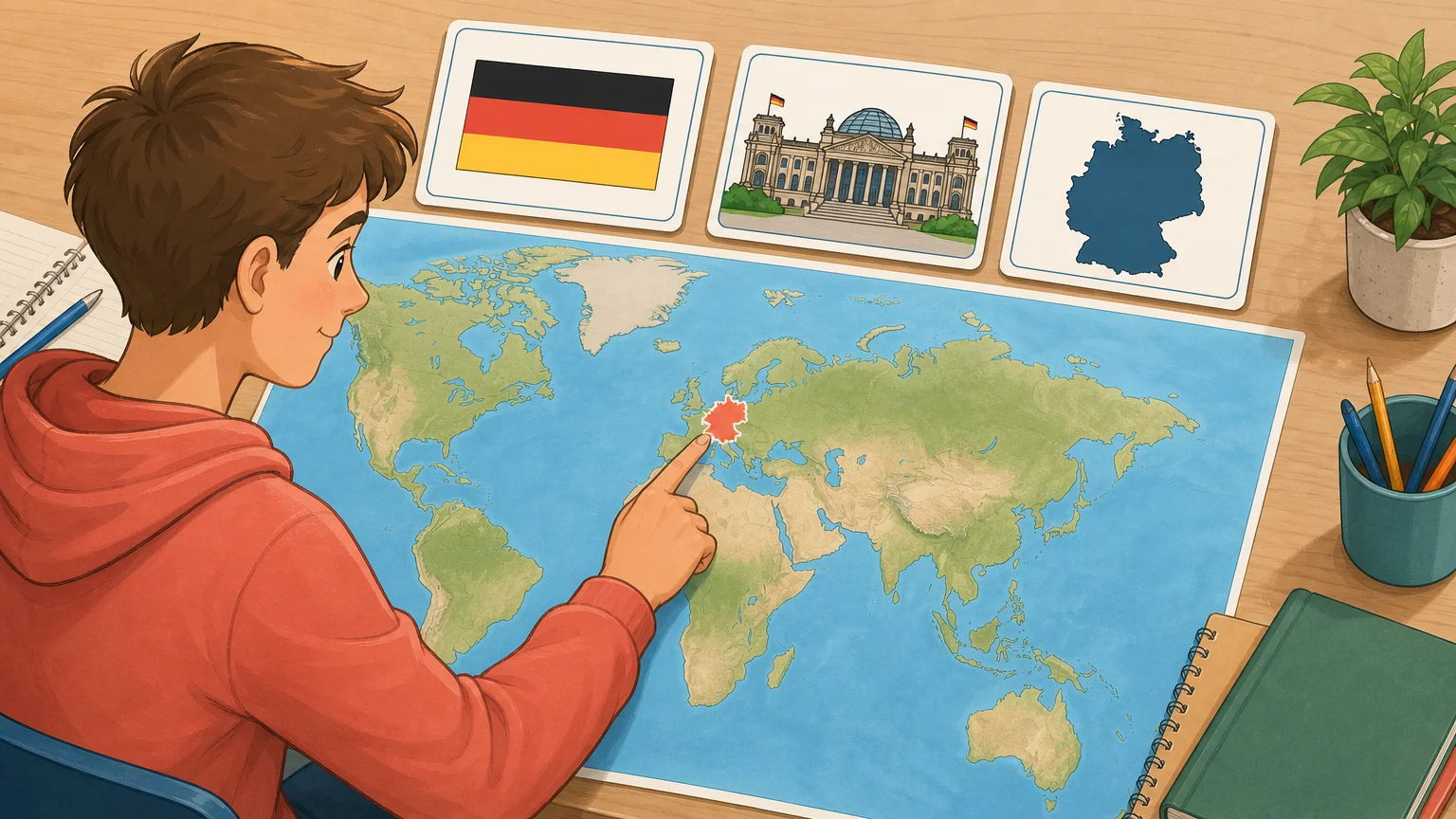 Student using a world map quiz with location, flag, and capital clues