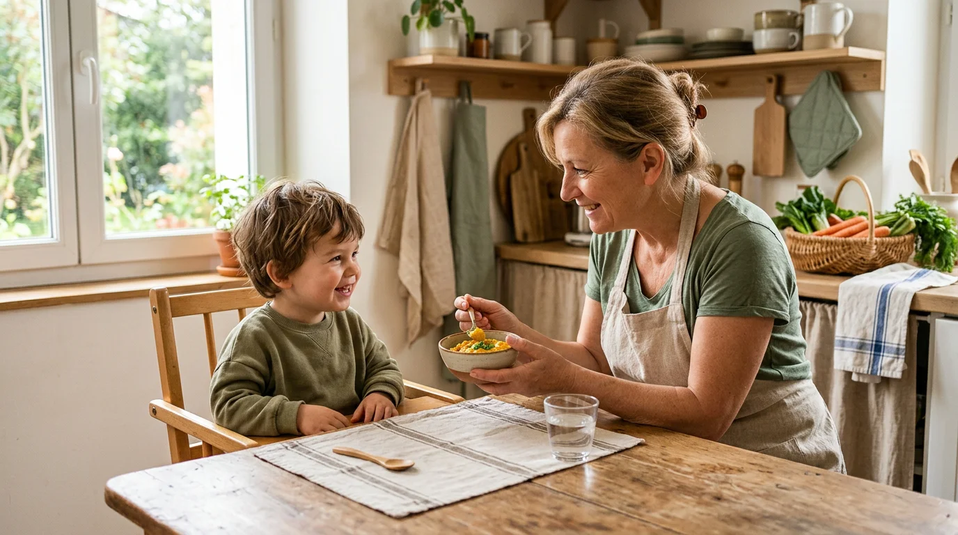 Enfant prenant un repas préparé par son assistante maternelle en 2026