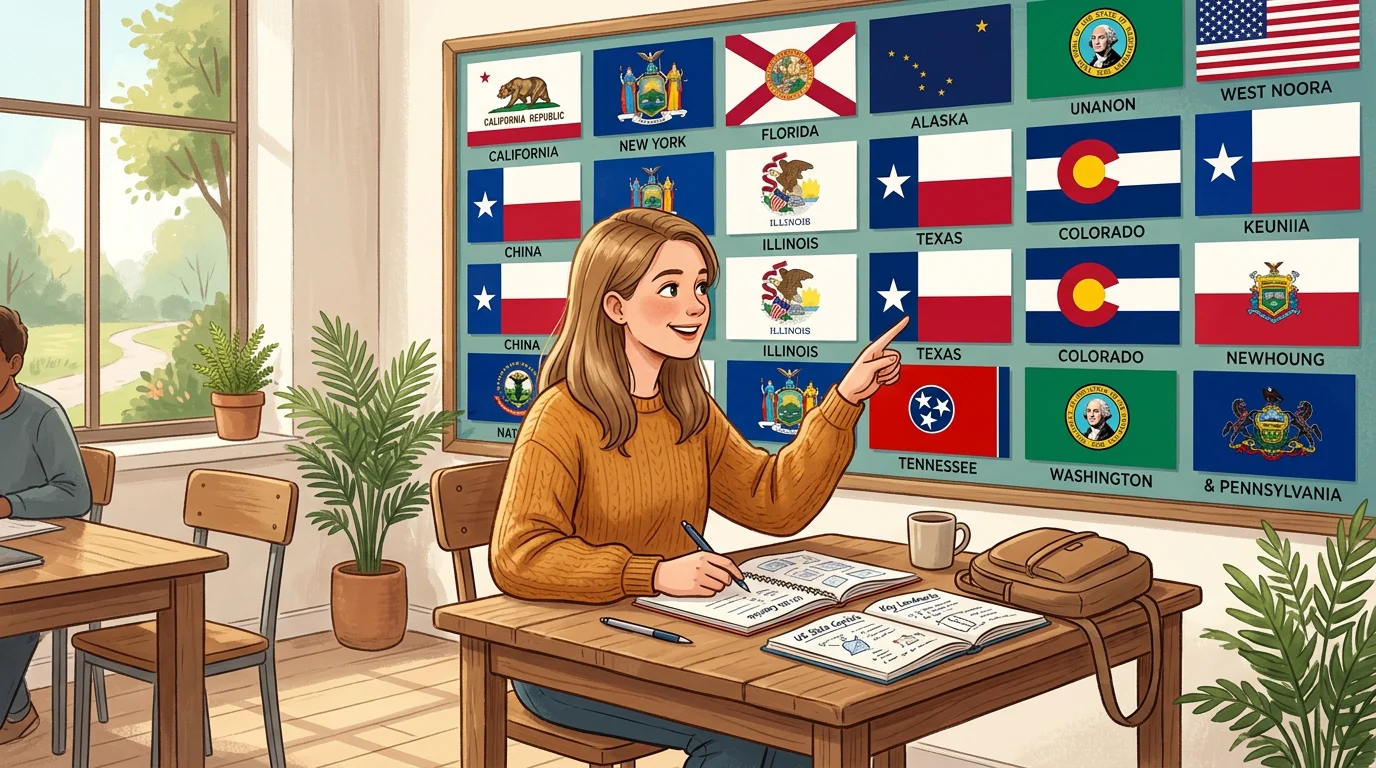 A person studying a wall grid of US state flags
