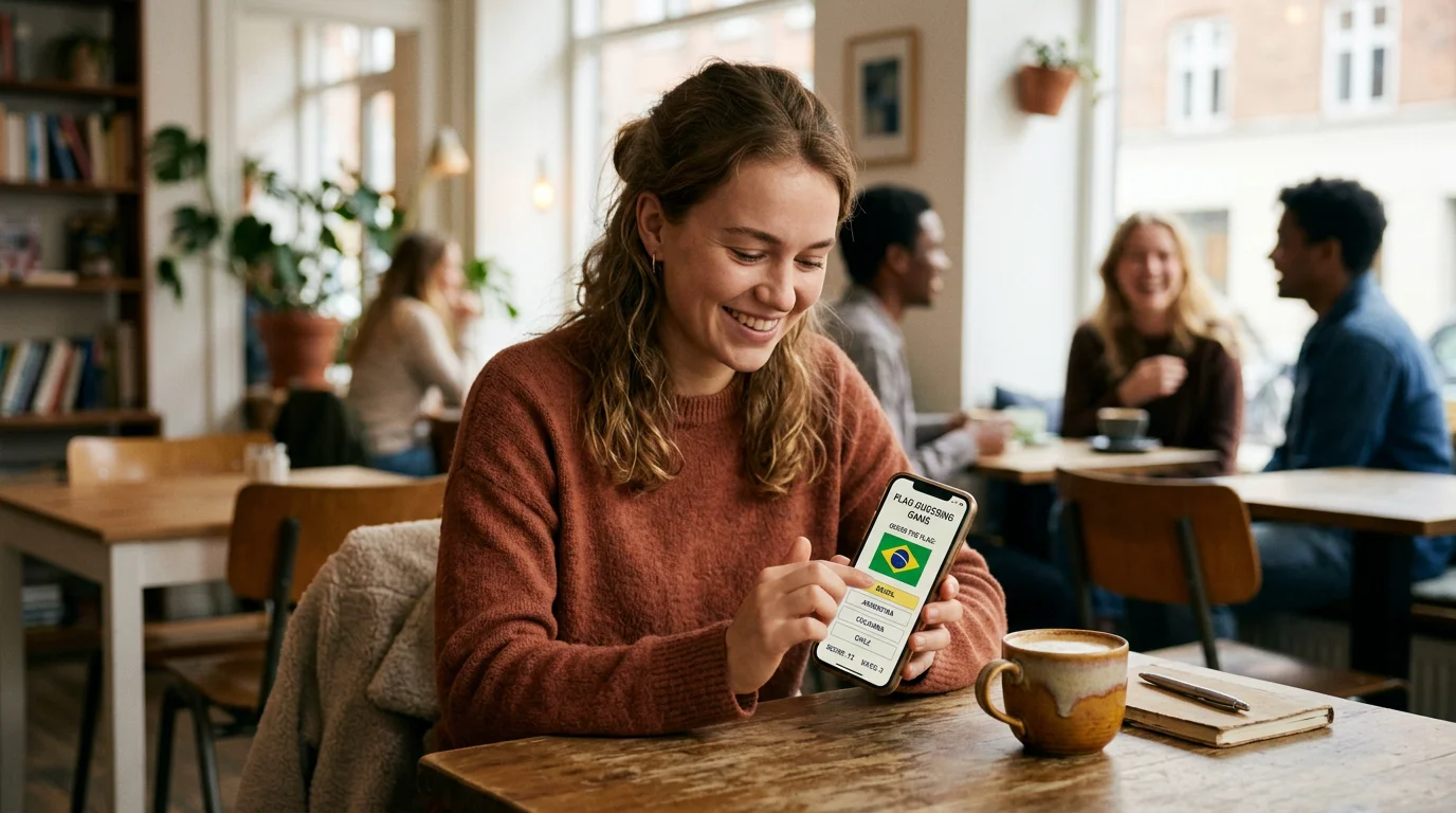 A person playing a flag guessing game on a phone at a cafe