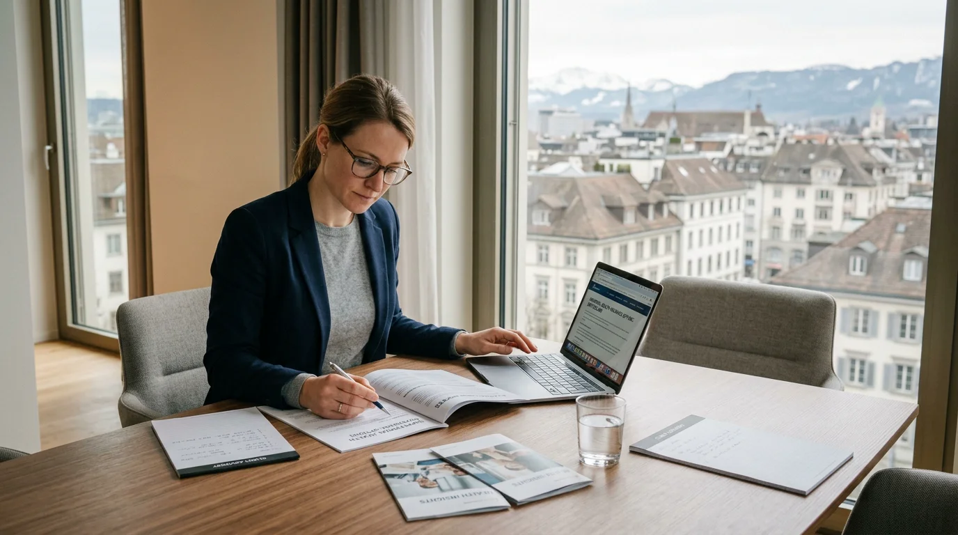 Consultant reviewing Swiss health insurance documents in a professional office