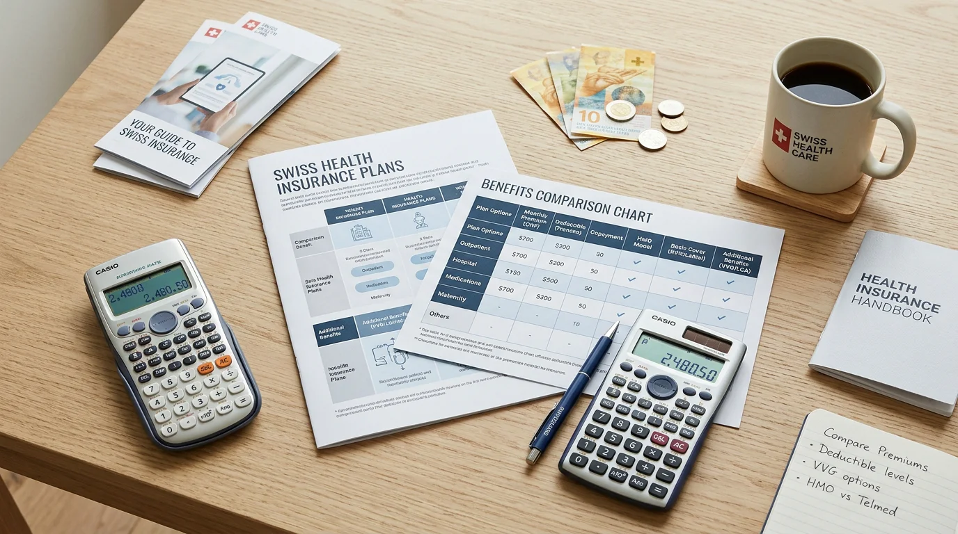Flat-lay of Swiss health insurance comparison documents and planning tools