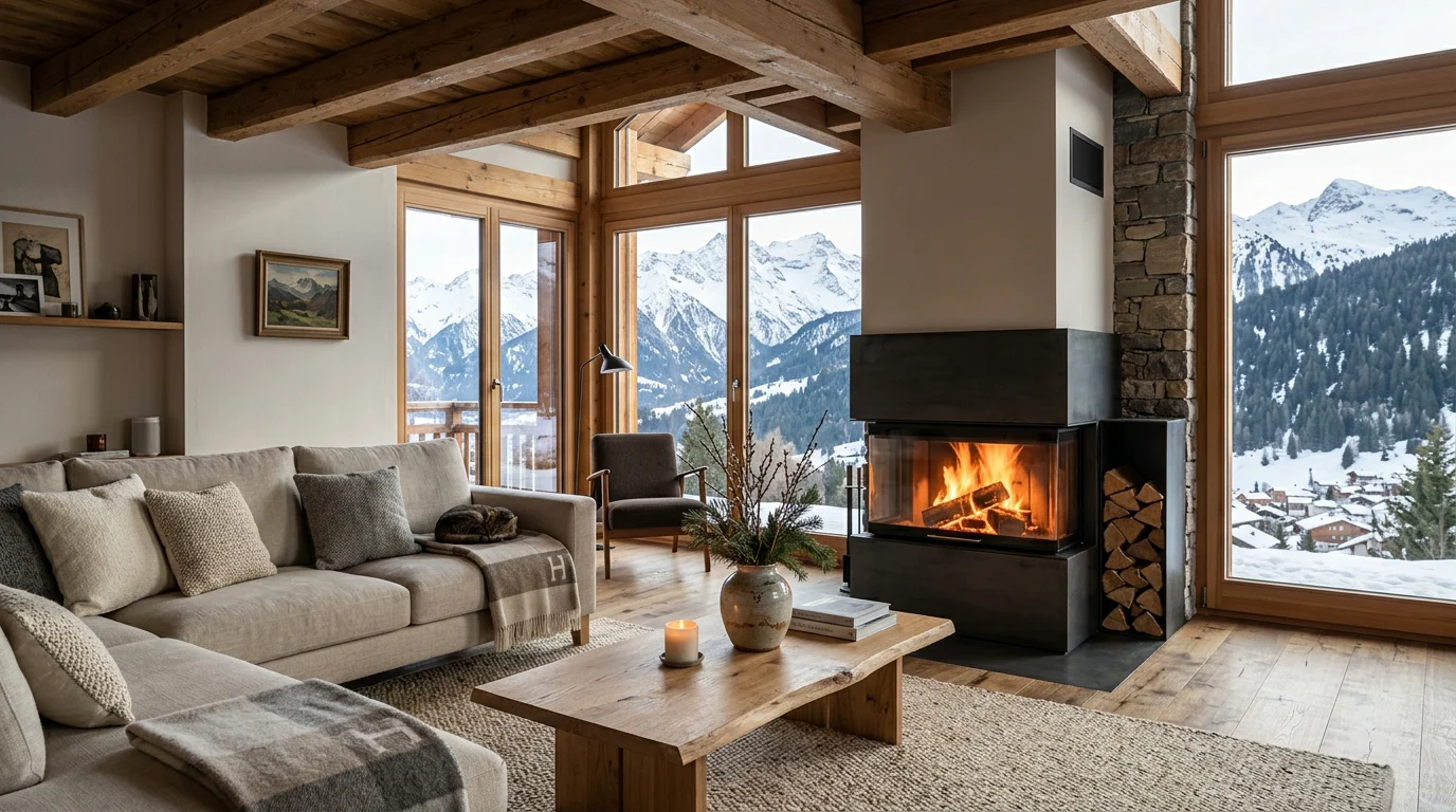 Cheminée à bois à foyer fermé allumée dans un salon suisse avec vue sur les montagnes