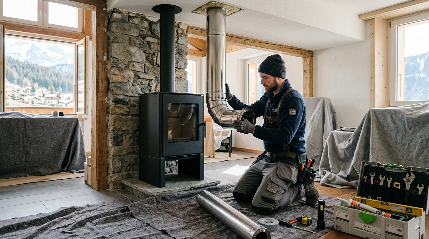 Installateur raccordant un tuyau de fumée en inox sur un foyer bois lors d'un chantier