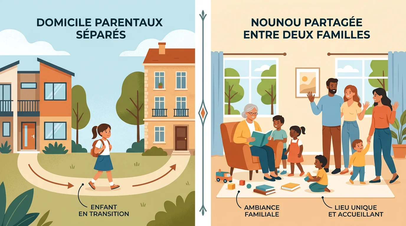 Illustration comparant la garde alternée entre parents séparés et la garde partagée entre deux familles