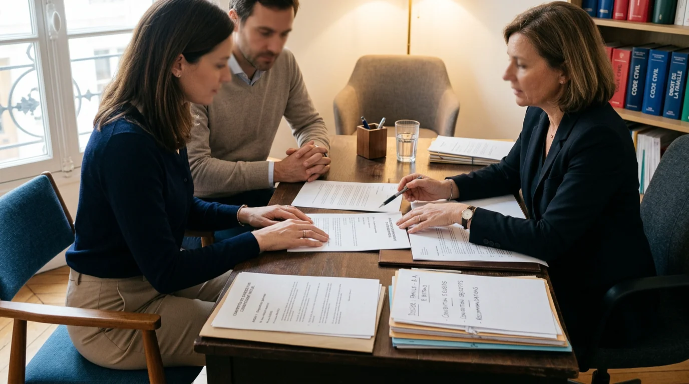 Consultation entre parents et un professionnel du droit de la famille sur la garde de l'enfant