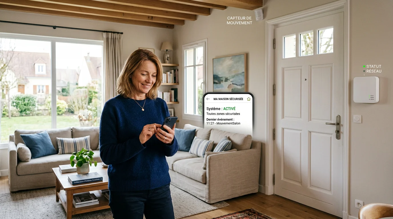 Centrale d'alarme sans fil installée dans un salon avec smartphone de contrôle